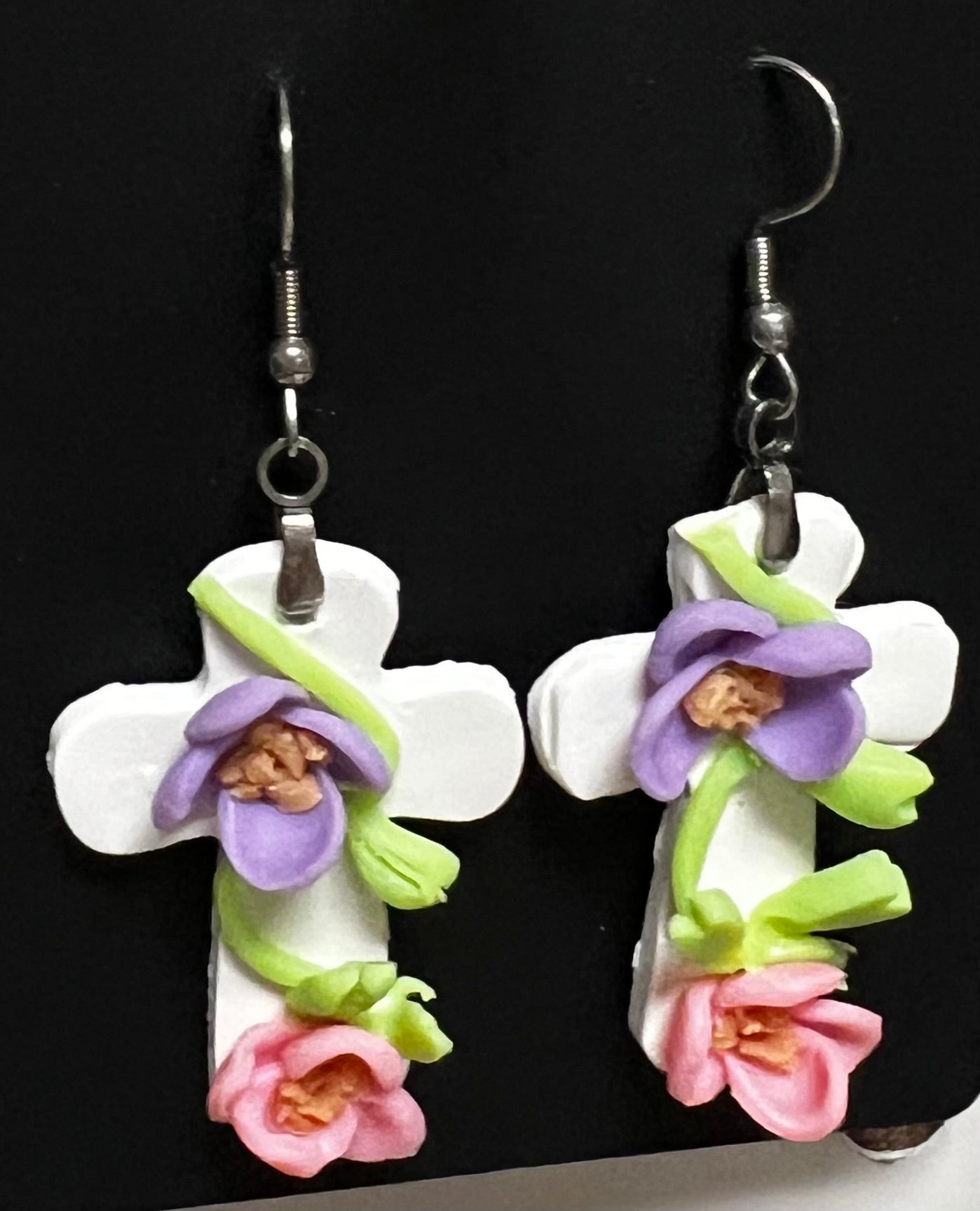 Cross with Pink and Purple Flowers Earrings