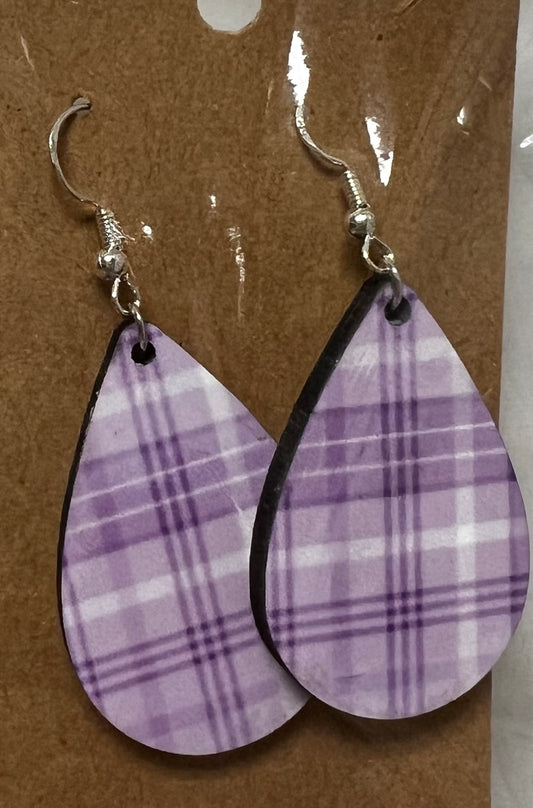 White and Purple Plaid Teardrop Earrings