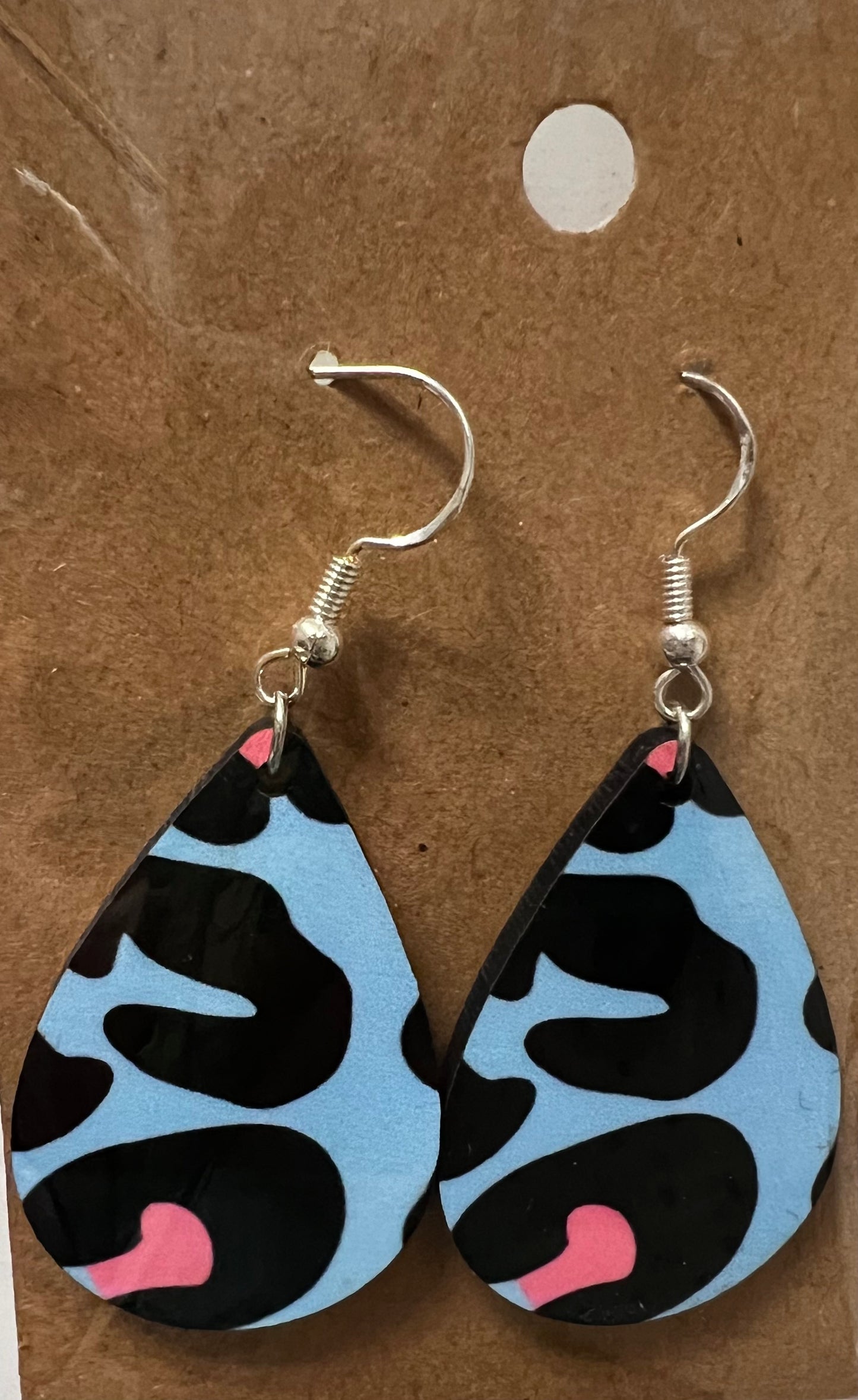 Cheeta Print Blue/Pink/Black Tear Drop Earrings.