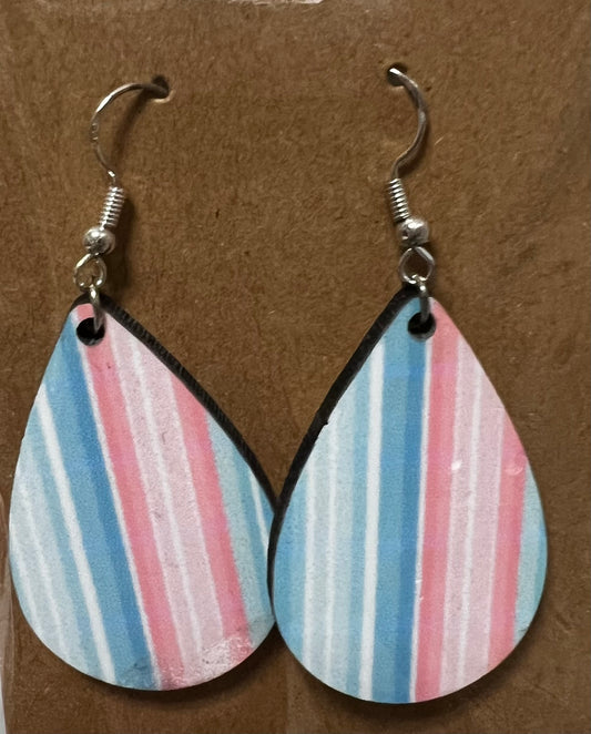 Blue, Pink, White Stripes Tear Drop Earrings