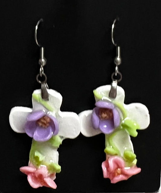 Cross with Pink and Purple Flowers Earrings