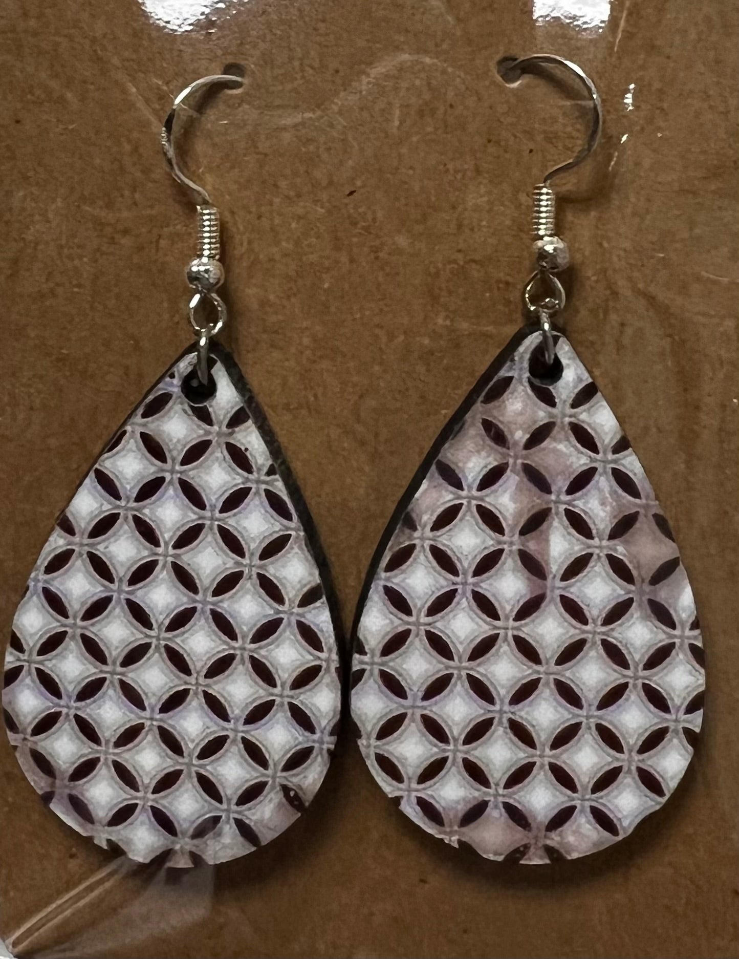 Brown and White Checker Board Tear Drop Earrings