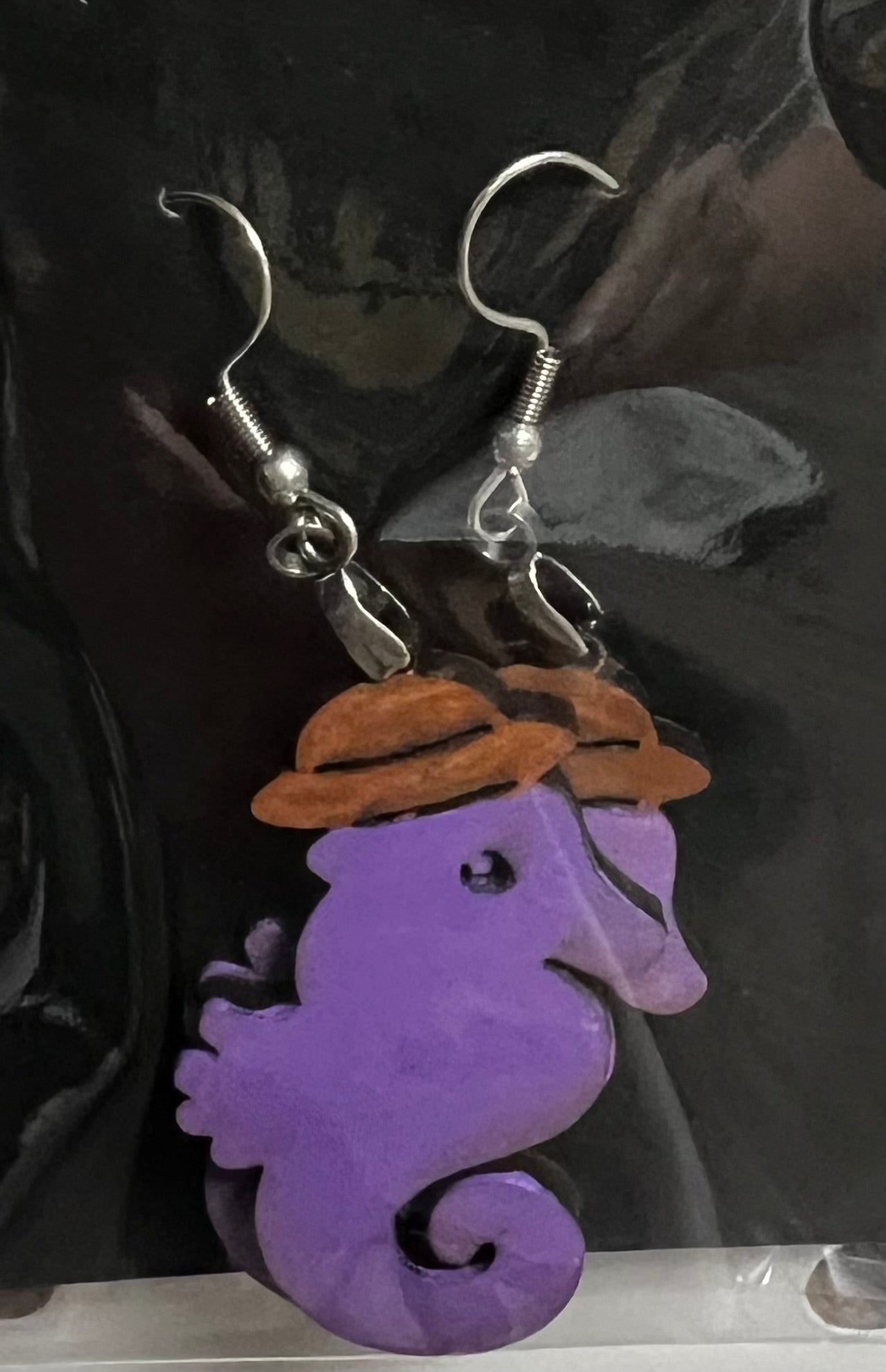 Purple Seahorse with brown hat Laser Cut Earrings