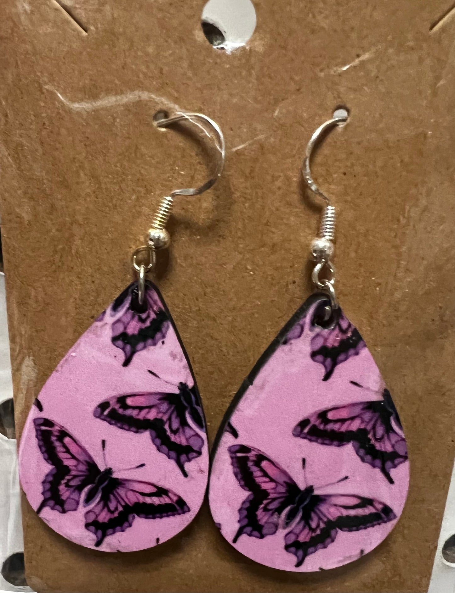 Pink and Black Butterflies Tear Drop Earrings