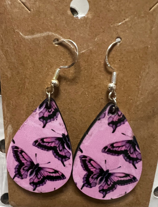 Pink and Black Butterflies Tear Drop Earrings